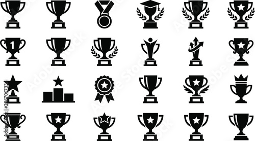Tableau sur toile Trophy and award icon set featuring black silhouettes of championship cups winne