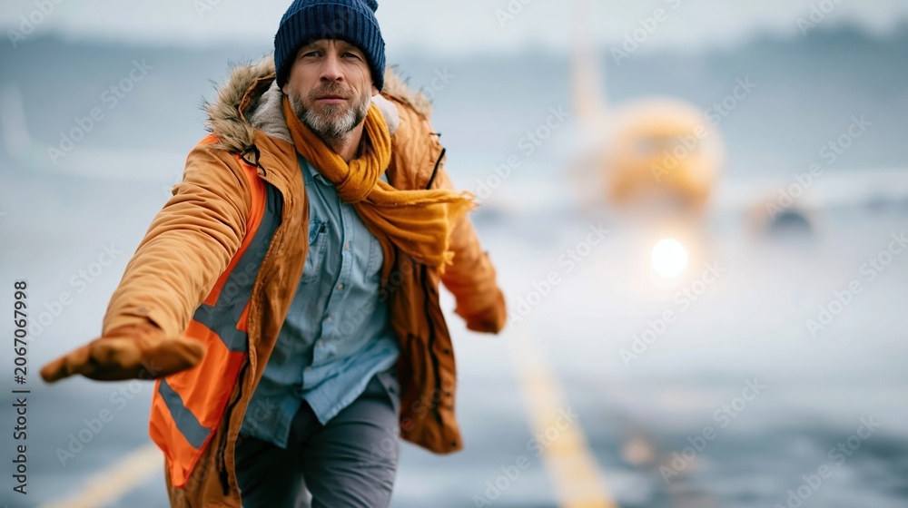 Fototapeta premium A confident man in vibrant attire directs traffic on a foggy runway, showcasing authority, clarity, and focus in an artistic portrayal of aviation and urban life.