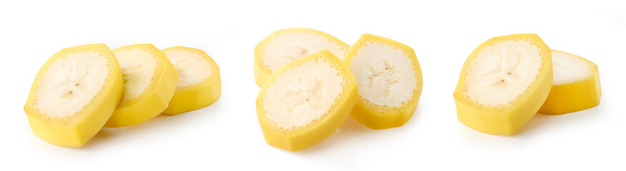 Set or collection of various fresh ripe banana slices on white background