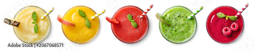 Set of various fresh fruit smoothies on white background