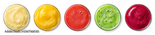 Set of various fresh fruit smoothies on white background