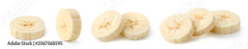 Set or collection of various fresh ripe banana slices on white background