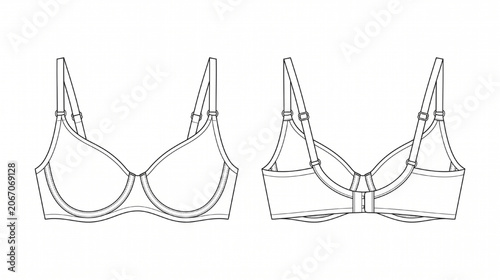 Technical Lingerie Bra Front and Back Vector Blueprint Template, Fine Line Fashion Flat Sketch on White Background