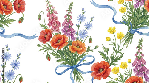 Artistic botanical seamless floral pattern featuring hand-painted watercolor and gouache illustrations of wild poppy foxglove chicory and buttercup flowers on a clean background for fabric design