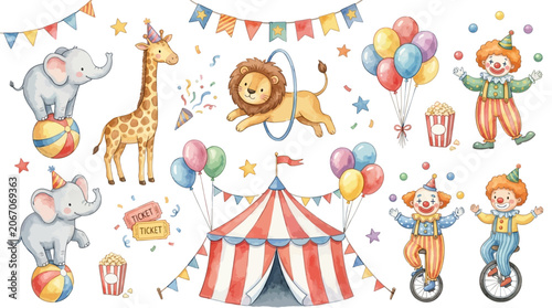 Vibrant set of sixteen artistic watercolor circus clipart elements including whimsical performing animals, a charming baby elephant, funny clowns, and classic big top carnival decorations.