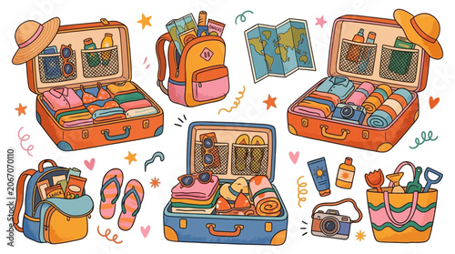 Large collection of colorful cartoon open luggage and travel suitcases for vacation journey, flat vector illustration of packed baggage kits for global tourism and wanderlust adventure.