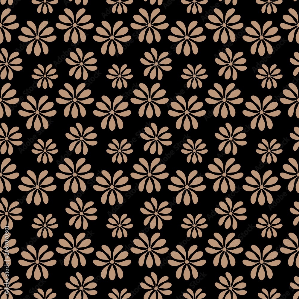 Fototapeta premium A striking vintage tan brown floral seamless pattern densely packed over a black background, bold for autumn fashion apparel.