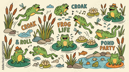 Vintage style drawing featuring a family of green amphibians perched on aquatic plants in a lush marshland habitat, classic mid-century animation aesthetic with textured details.