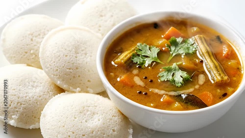 Steaming idli served with hot vegetable sambar.
