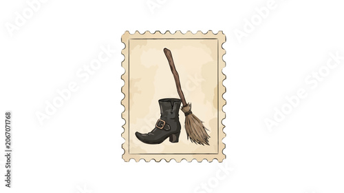 Vintage Halloween postage stamp illustration depicting a mysterious black witch boot and rustic straw broomstick icon, philatelic graphic element isolated on a clean white background.