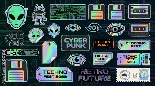 Vibrant Acid Y2K Retro Vector Graphic Collection Featuring Cyberpunk Labels, Futuristic Stickers, Trendy Patches, Stamps, and Nostalgic 2000s Aesthetic Elements for Digital Promotional Design.