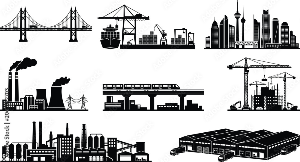 Obraz premium Industrial and infrastructure black silhouette icons set featuring factory, port, construction site, bridge, and city skyline