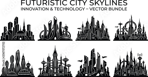 Foto Futuristic city skyline silhouettes set with sci-fi architecture and modern tech
