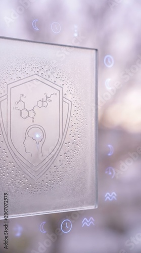 Conceptual macro of etched frosted glass with brain circadian rhythm diagrams and molecular structures, lavender bokeh background