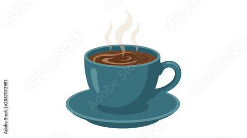 Steaming Coffee Cup: A delightful blue ceramic cup, filled with rich, hot coffee, sits on a matching saucer, emanating a comforting plume of steam, perfect for a cozy morning or a warm break.