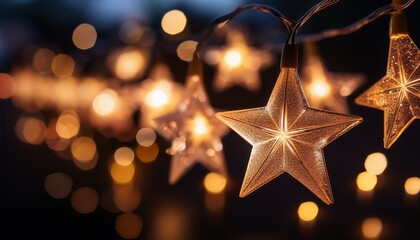 Glowing Star Fairy Lights With Warm Bokeh On Dark Background For Festive Holiday Decor