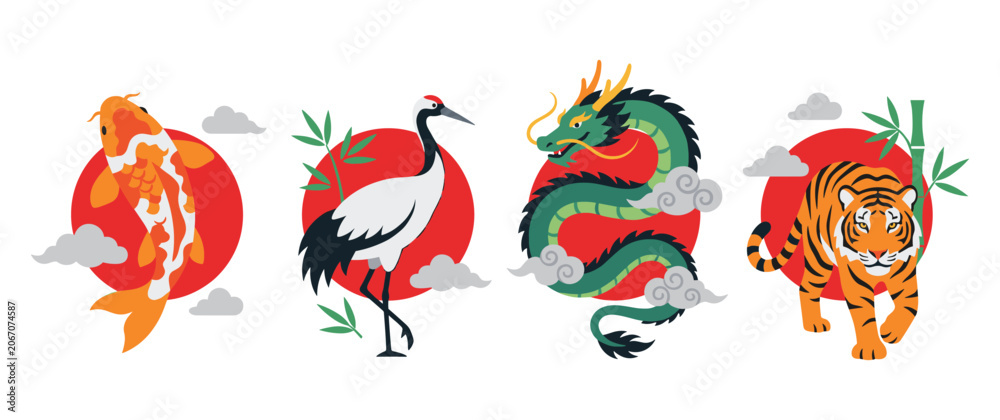 Fototapeta premium Traditional asian wildlife symbols with red background.
