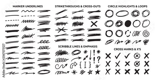 Collection of various hand drawn marker underlines and scribbles
