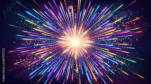 Vibrant Colorful Fireworks Explosion with Bright Light Rays and Sparkles on Dark Background