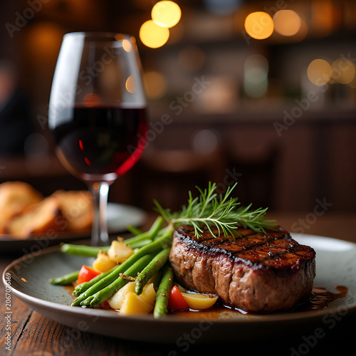 Gourmet steak served with vegetables and red wine in restaurant setting  