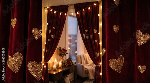 Romantic Cozy Room Interior with Red Velvet Curtains Decorated with Gold Hearts and Warm Fairy Lights for Valentine's Day