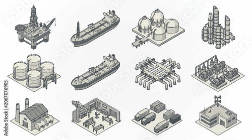 Isometric Industrial Buildings and Ships Collection.