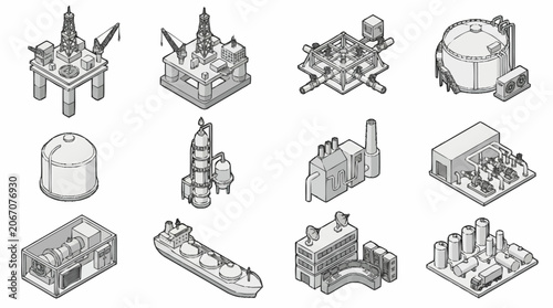 Collection of industrial machinery and equipment illustrations.