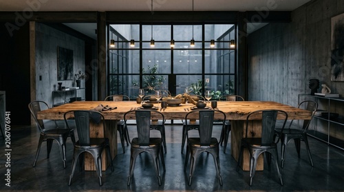 Modern Industrial Dining Room Interior with Large Rustic Wooden Table, Metal Chairs and Concrete Walls