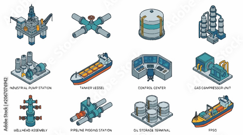Collection of Industrial and Oil Rig Isometric Icons.