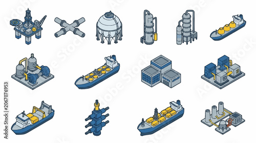 Isometric Vector Icons of Ships and Industrial Structures.