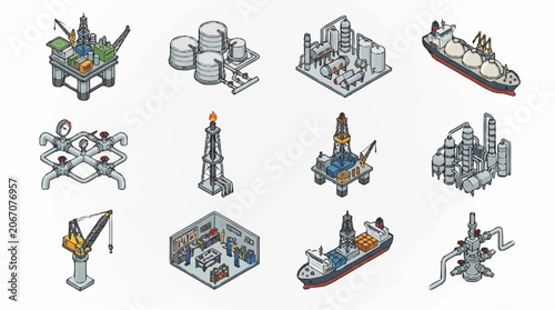 Industrial and maritime isometric icons collection.