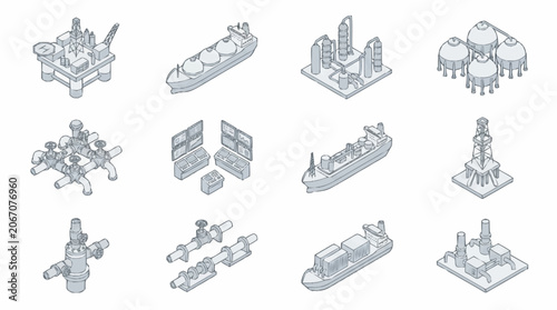 Isometric Line Art Collection of Ships and Industrial Structures.