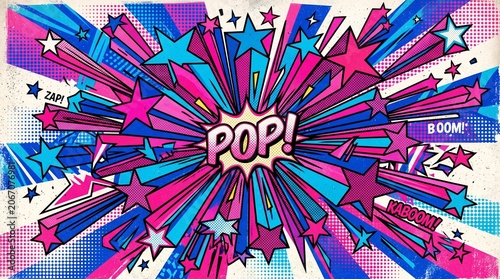 Pop Art Comic Book Explosion Background with Stars and Halftone Pattern, Retro Graphic with POP Text