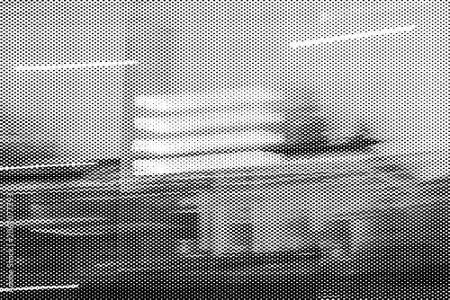 Halftone overlay of a landscape horizon with an object resting on water on transparent background. Subtle scenic texture, multiply blend mode ready.