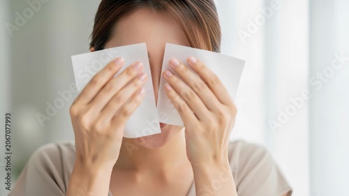 Tired Eyes Relief: A young woman gently places two white tissue wipes over her closed eyes, seeking a moment of calm and refreshment from screen fatigue or irritation.