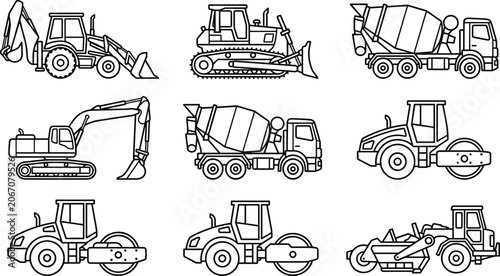 Obraz na plátně Collection of various construction heavy machinery icons including excavators bu