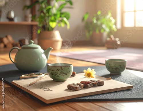 Steaming matcha tea set with traditional sweets on wooden mat in sunlit morning room, peaceful atmosphere