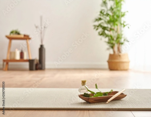 Yoga mat with aromatic oils and herbs for relaxation and wellness, meditation space, spa atmosphere, zen practice and holistic health