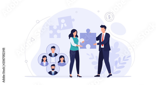 Teamwork and Collaboration: Business Partners Completing a Puzzle Piece and Connecting People
