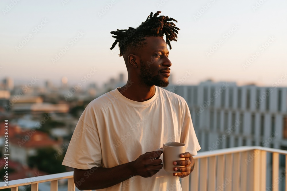 Fototapeta premium Relaxed young man on rooftop balcony holding coffee mug at sunrise with city skyline for lifestyle background and morning routine banner design