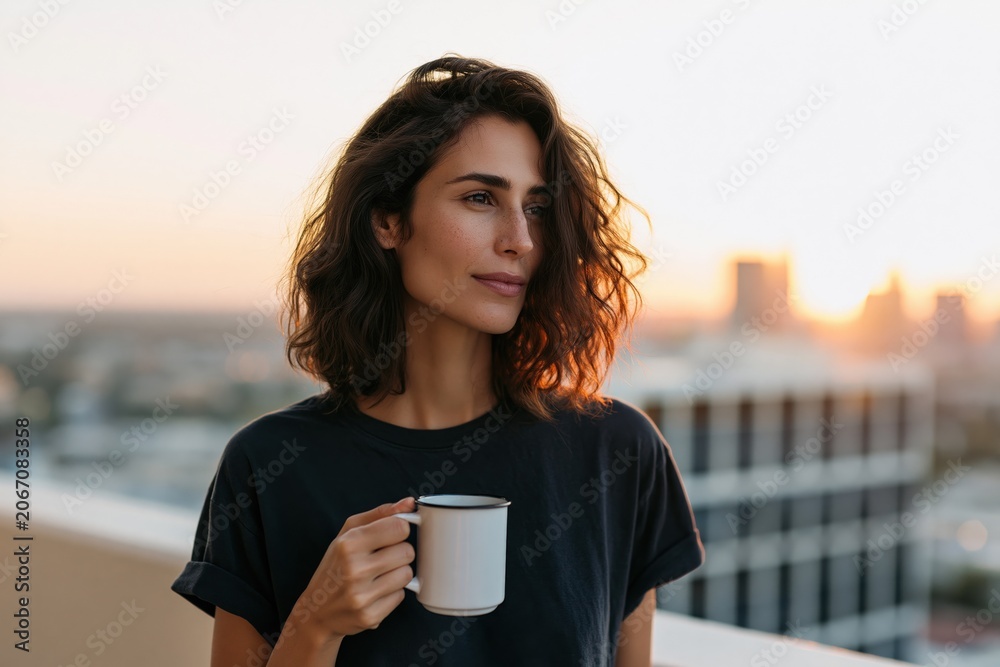 Fototapeta premium Young woman with a white mug on a balcony at golden hour skyline for lifestyle background and evening routine poster design