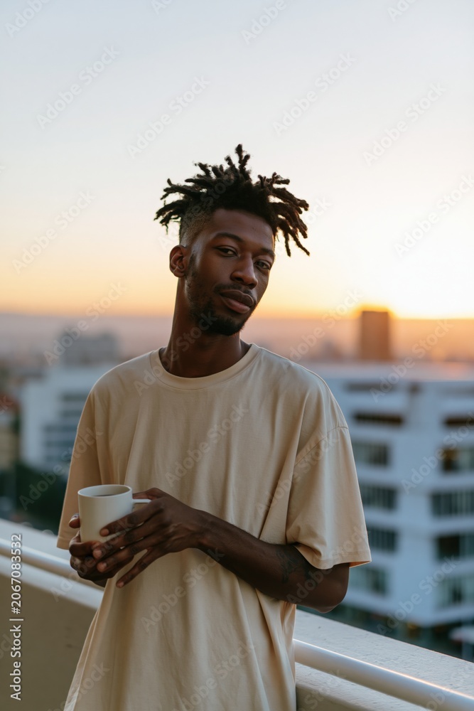 Fototapeta premium Young man with dreadlocks holding a mug on a balcony at sunrise overlooking a city skyline for urban lifestyle background and morning beverage scene
