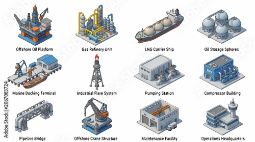 Collection of Industrial and Offshore Oil Platform Illustrations.