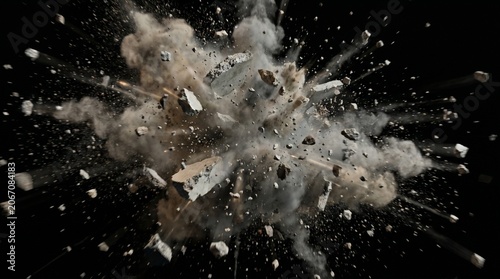 Foto Chunks of stone, rock, and dust exploding violently outward against a black background