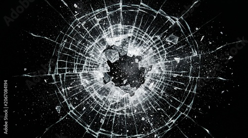 Fotografie A dense, complex spiderweb fracture pattern radiating from a heavily smashed center in a pane of glass