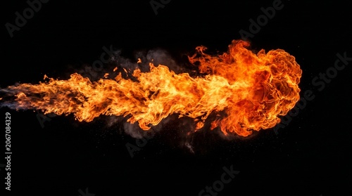 Fotografía A horizontal stream of intense orange flames rolling across a black background with smoke