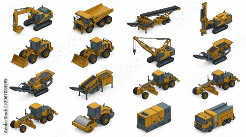 Photos Collection of yellow construction vehicles and machinery.