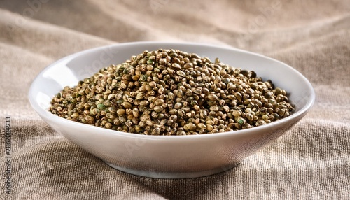 A White Ceramic Bowl Full Of Hemp Seeds Over Linen Background