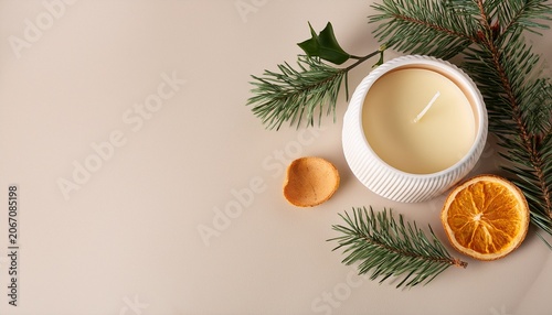 Minimal Holiday Flat Lay White Ceramic Candle Holder With Beeswax Candle Natural Fir Sprig And Dried Orange Slice Neutral Beige Palette Scandinavian Style