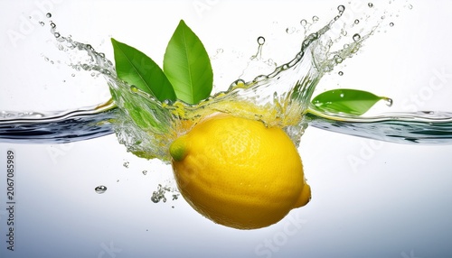 Fresh Whole Lemon With Green Leaves Splashing Into Clear Water Creating Dynamic Liquid Crown And Droplets On White Back